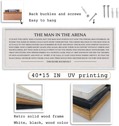 LuZhiQiang The Man in the Arena Wall Decor 40''x15'' Inspirational Quotes Office Wood Framed Sign Rustic Home Motivational Art For Man Entrepreneur Morden Living Room Wall Hanging Decor (White)