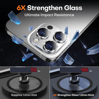 Camera Lens Protector for iPhone 16 Pro Max/16 Pro/15 Pro Max/15 Pro/14 Pro Max/14 Pro, Aluminum Alloy Sapphire Glass Camera Screen Cover, Case Friendly-Silver Diamond