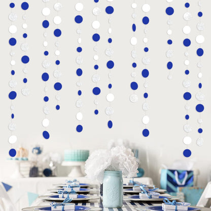 46 Feet Navy Blue White and Silver Circle Dots Garland Royal Blue Hanging Paper Polka Dots Streamer for Birthday Wedding Bridal Baby Shower Nautical Ahoy Achor Pirate Theme Party Decorations Supplies