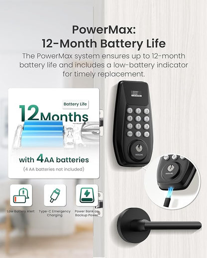 DESLOC C100 Keyless Entry Door Lock with 2 Lever Handles, Smart Deadbolt Lock for Front Door with 2 Keys, Auto Lock, 100 PIN Codes, Passage Mode, IP54 Waterproof, 12 Months Battery,Black