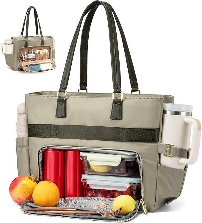 LOVEVOOK Laptop Lunch Tote Bag for Women, Work Bag with Insulated Lunch Compartment 15.6 Inch Laptop Bag with Cup Holder Large Lunch Bag for Teacher, Nurse, Office, Travel, College, Daily
