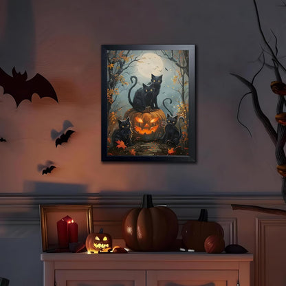 Halloween Black Cat Wall Art, Dark Academia Spooky Pumpkin Poster Wall Decor, Vintage Gothic Witchy Cat Canvas Print, for Bedroom Living Room Aesthetic Decor 16x24 Inch Wood Framed
