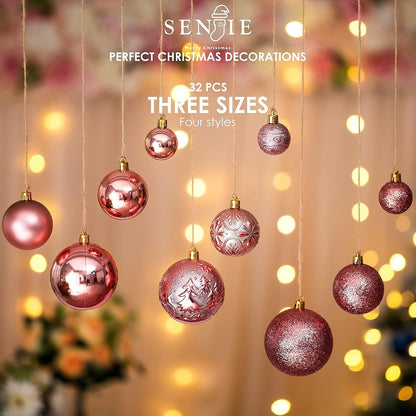 Senjie Rose Gold Shatterproof Christmas Ornaments, 32 Pcs, Plastic, Hanging, Christmas, Wedding