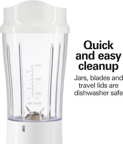 Hamilton Beach Portable Blender for Shakes and Smoothies,14 Oz BPA Free Travel Cup & Lid,Durable Stainless Steel Blades,Personal Smoothie Blender,2 Jars - White (51102V),(Pack of 2)