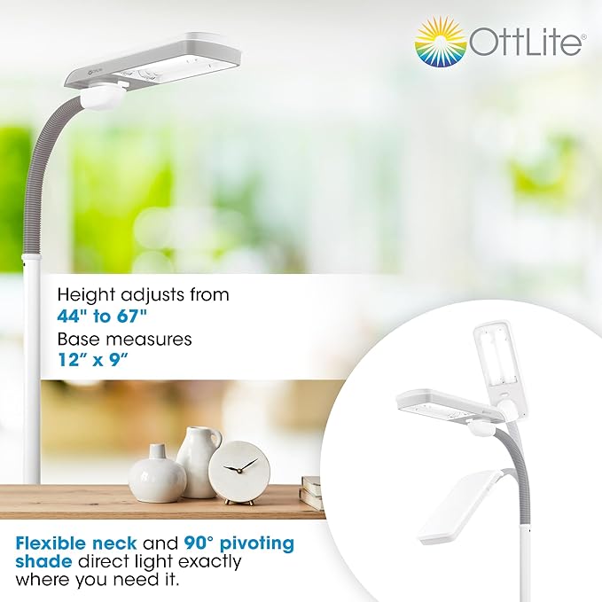 OttLite Standing Floor Lamp with Adjustable Neck, Pivoting Shade Multiuse Daylight Floor Lamp Light - 36w Fluorescent Natural Daylight - Modern Home Decor, for Living Room, Reading, Dorm & Office