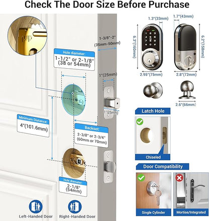 Veise RZ06C Smart Locks for Front Door, 2 Knob Handle Set, Keyless Entry Deadbolt, App Control, Electronic Touchscreen Digital Keypad, Auto Lock, Easy Installation, IP54 Waterproof, Satin Nickel