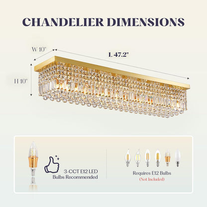 10 Lights Gold Flush Mount Rectangle Chandelier, Modern K9 Crystal Chandeliers Light Fixture Rectangular Raindrop Chandelier Pendant Island Light for Living Dining Room Kitchen Bar L47 Inch