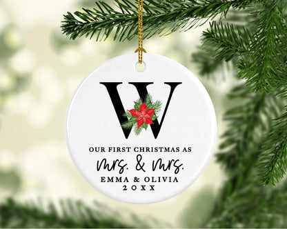 Andaz Press Personalized Our First Christmas As Mrs. & Mrs. 2025 Christmas Ornaments Monogram Poinsettia 2.8" Round Porcelain Ceramic Lesbian Married Couple Gay Women Newlyweds Wedding Keepsake 1-Pack