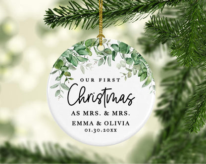 Andaz Press Personalized Our First Christmas As Mrs. & Mrs. 2025 Christmas Ornaments Greenery 2.8" Round Porcelain Ceramic Lesbian Married Couple Gay Women Newlyweds Hers Wedding Keepsake 1-Pack