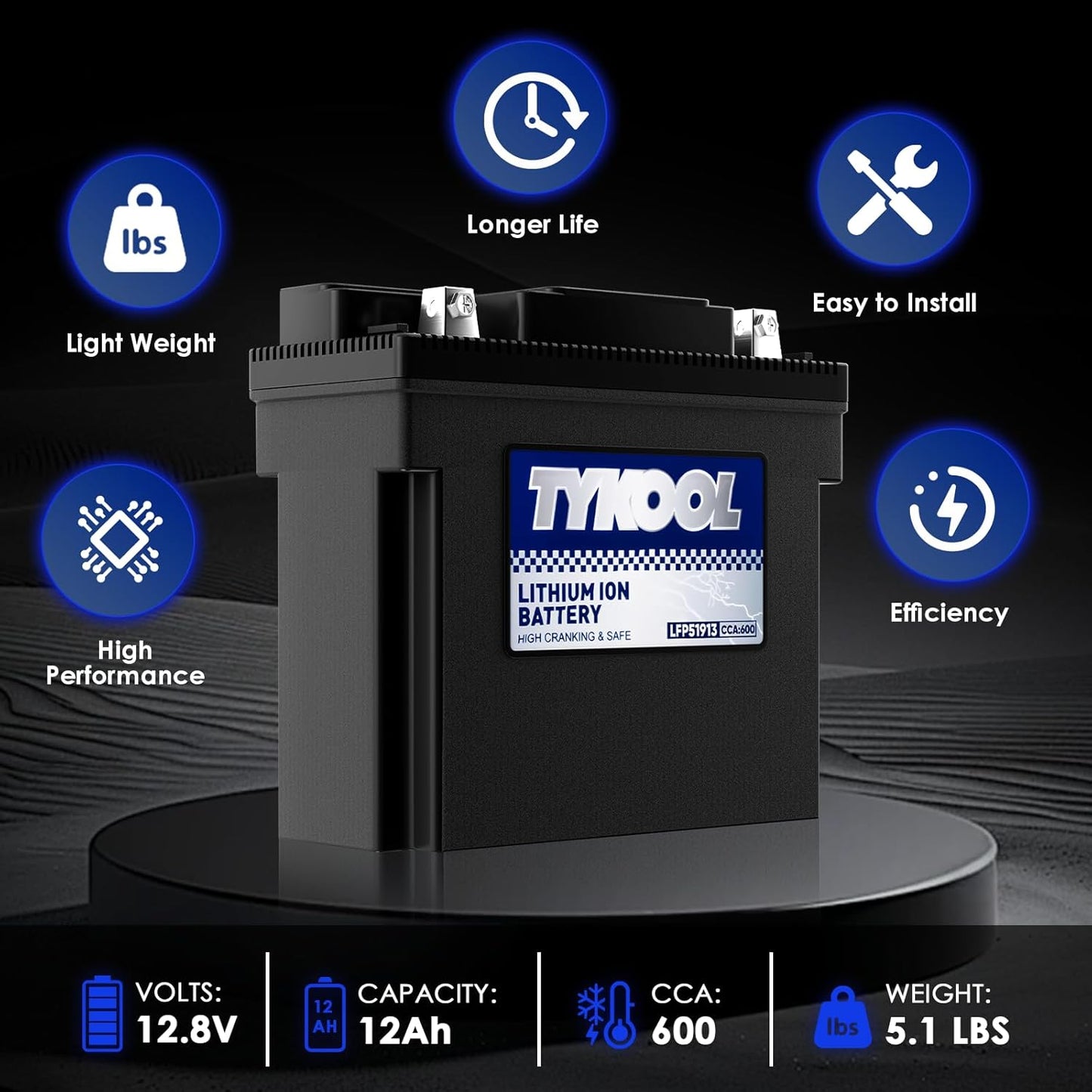 TYKOOL 51913,51814,53030,Digital Readout, High Performance Lithium Phosphate Motorcycle Battery, 600CCA,12Ah,Compatible for BMW Series Motorcycle R1300GT,R1600GT,Champion generator battery