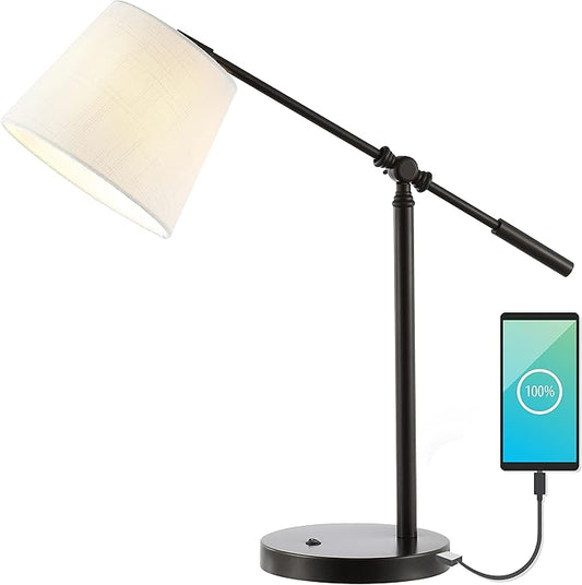 JONATHAN Y 24" Oil Rubbed Bronze 1-Light Iron LED Task Lamp with USB Port, Classic Vintage Industrial Table Lamp with Adjustable Head and Linen Shade, LED Bulb Included JYL1129A