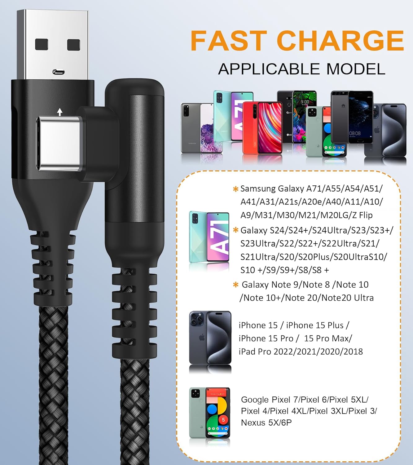 sweguard USB C Cable Right Angle [3Pack, 10FT+6.6FT+3.3FT], USB Type C iPhone 16 Charger Cable Nylon Braided Cord for iPhone 15 16 Pro Max Plus, Samsung Galaxy S25 S24 S23 S22 S21 S10 Note 20 10,Moto