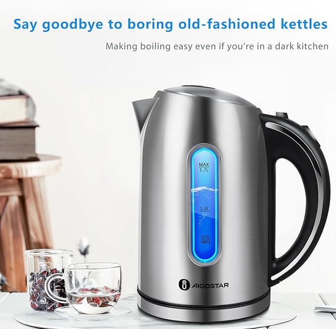 Aigostar King - Electric Kettle Stainless Steel, 1.7 Liter Cordless Tea Kettle, 1100W Hot Water Kettle with Auto Shut-Off, BPA-Free