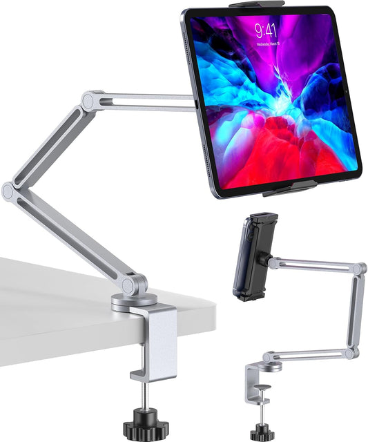 Tablet Arm Mount with Super Grip, Adjustable Foldable Holder & Heavy Duty Aluminum 360° Rotating Clamp for iPad, Phone, Monitor, Kindle - Universal for Desk, Bed, Kitchen - Silver