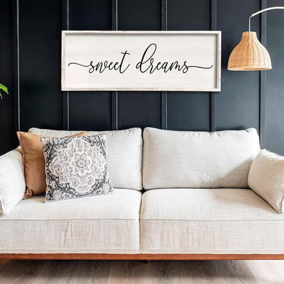 Sweet Dreams Wall Decor Above Bed 32''×12'' Master Bedroom Large Sweet Dreams Sign Farmhouse Wall Decor Guest Room Wood Rustic Framed Wall Art Hanging Decoration (White)