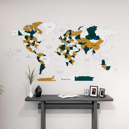 Colorfull Worlds 3D Wooden World Map Wall Art | Unique Wall Decor with Pins for Travel Enthusiasts | Home and Office Wall Décor | Gold-Blue | XXLarge