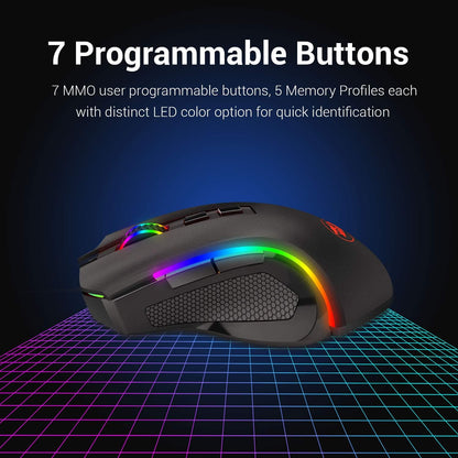 Redragon M602 Griffin RGB Gaming Mouse, RGB Spectrum Backlit Ergonomic Mouse with 7 Programmable Backlight Modes up to 7200 DPI for Windows PC Gamers (Black, Wireless)