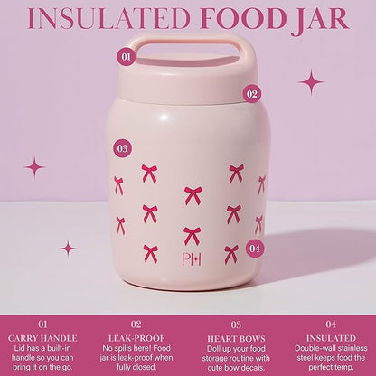 Paris Hilton Stainless Steel Food Jar, Double Wall Vacuum Sealed Insulated Food Storage Container with Carry Handle Lid, 24-Ounce, Pink with Bow Design