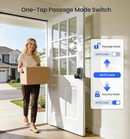 Veise VE018 Smart Knob Handle Lock - Fingerprint, App Control, Keyless Entry for Front Door and Bedroom, Electronic Digital Keypad, Auto Lock, Remote Access Sharing, IP55 Weatherproof, Matte Black