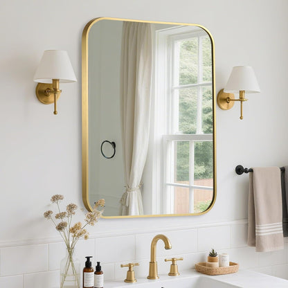 FARMER 24x32 Inch Gold Bathroom Mirror, Rectangle Vanity Mirror, Brushed Mirrors for Wall, Metal Frame Hanging Mirror with Round Corner for Bedrooms, Entryways, Living Rooms, Horizontal/Vertical