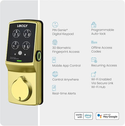 Lockly Secure Pro Wi-Fi Smart Door Lock, Keyless Entry with PIN Genie® Digital Keypad, 3D Biometric Fingerprint Sensor Front Door Lock Deadbolt, Voice Control & Auto Lock - Deadbolt Edition
