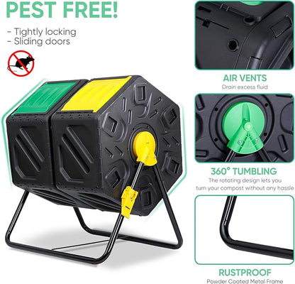 HomGarden Large Dual Chamber Compost Tumbler Heavy-Duty Outdoor Bin Composter with 2 Sliding Doors Easy-Turn, All-Season 37 Gallon High Volume Composter Black
