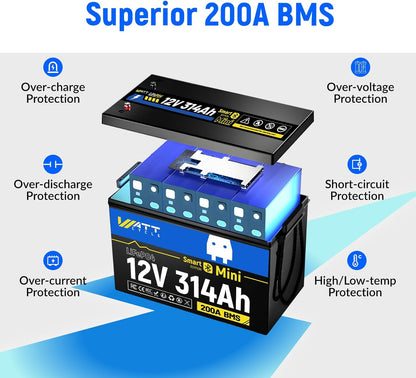 Mini LiFePO4 Lithium Battery 12V 314Ah 2 Pack Built-in 200A BMS & Bluetooth, 4.01kWh Energy, Perfect for Off-Grid, RV, Solar System, Camper, Travel Trailer
