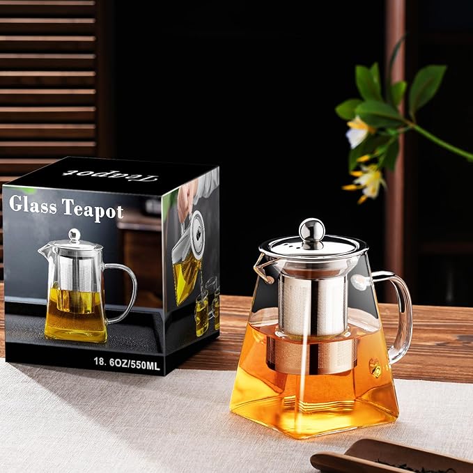 PARACITY Glass Teapot Stovetop 18.6 OZ with, Borosilicate Clear Tea Kettle with Removable 18/8 Stainless Steel Infuser, Teapot Blooming and Loose Leaf Tea Maker Tea Brewer for Camping, Travel