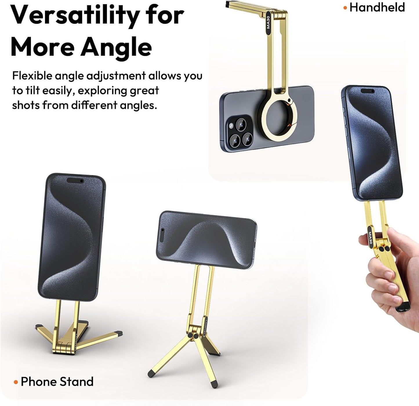 ULANZI MA30 Magnetic Phone Tripod Stand for iPhone - Aluminium Maglock Smartphone Mini Tripod Pocket Cell Phone Stand Strong Magnet Quick Mount Compatible with iPhone 16 15 14 13 12 Series, Gold