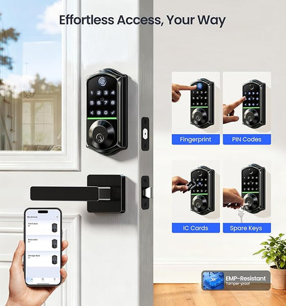 Veise VE017-B Fingerprint Smart Lock for Front Door, App Control, 8-in-1 Keyless Entry Deadbolt with 2 Zinc Alloy Lever Handles Set, Emergency Power Port, Auto Lock, Electronic Keypad, Black