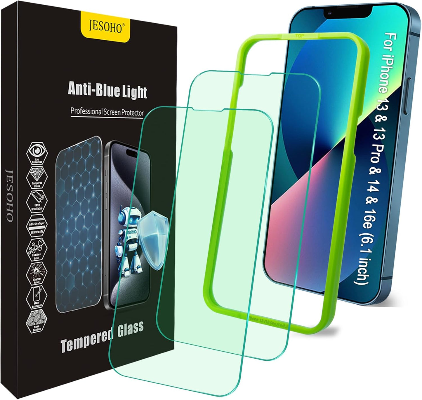 Blue Light Screen Protector for iPhone 16e iPhone 13 iPhone 13 Pro & iPhone 14 (6.1inch), Eye Protection Tempered Glass Film, Scratch-Resistant, No Bubble with Easy Installation Kit, 2 Pack