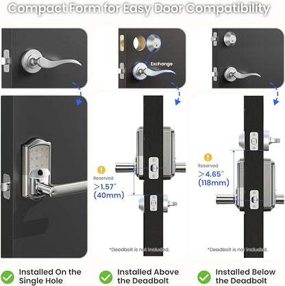 Veise VE029 WiFi Smart Lever Lock, Fingerprint Keyless Entry Door Lock with Handle, Built-in WiFi, Remote App Control, Electronic Digital Knob for Front Door and Bedroom, IP65 Waterproof, Satin Nickel