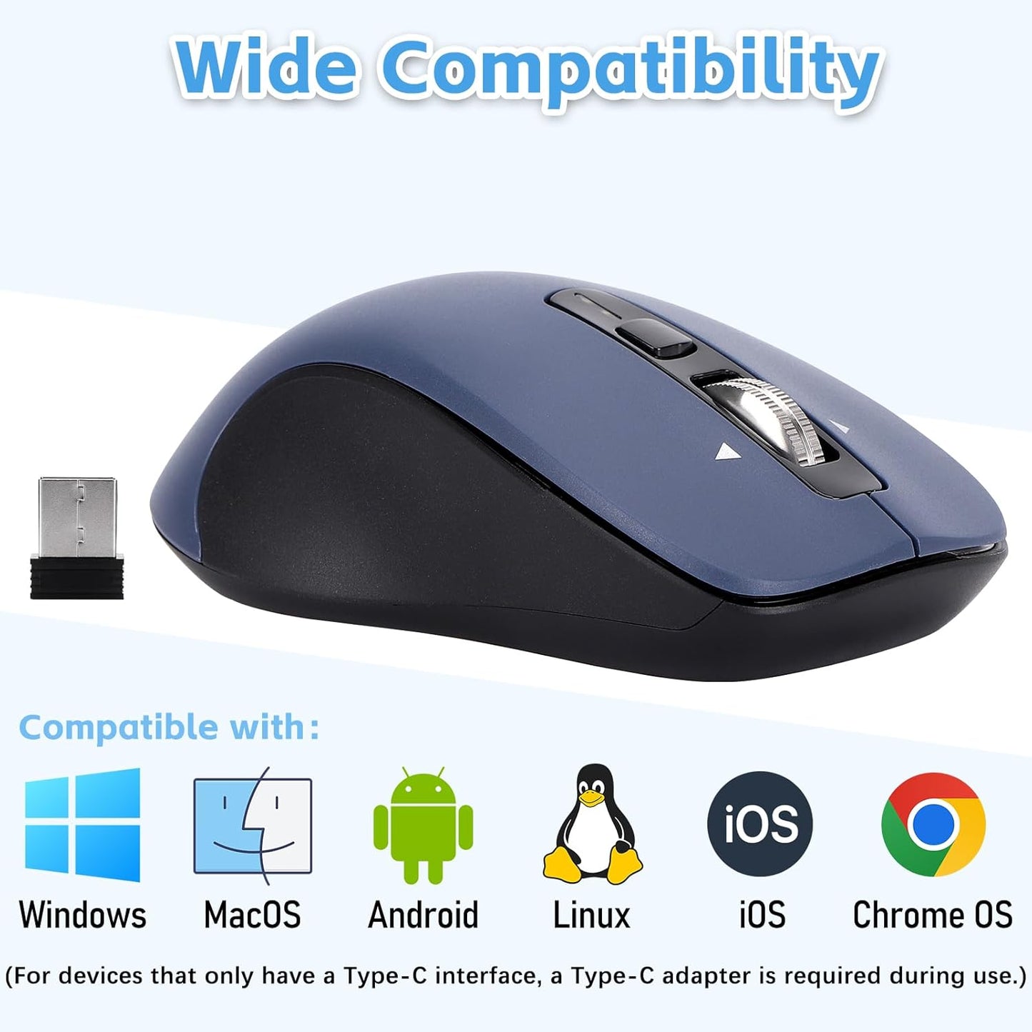 Wireless Mouse, Full-Size Silent Mouse, 36-Month Battery Life, 4 Way Navigation, 1000-3000 Adjustable DPI, 2.4GHz USB-A Receiver for Computer, Laptop, PC, Chromebook, Notebook