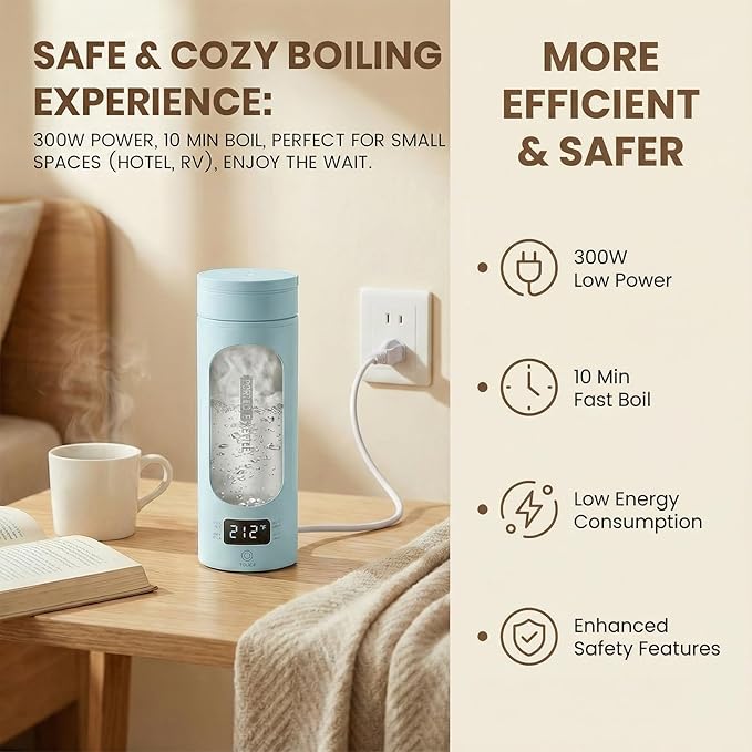 Portable Electric Kettle for Travel, Small Hot Water Kettle with NTC Temperature Control and Auto Shut-Off, 316 Stainless Steel, Blue 110V & 15oz