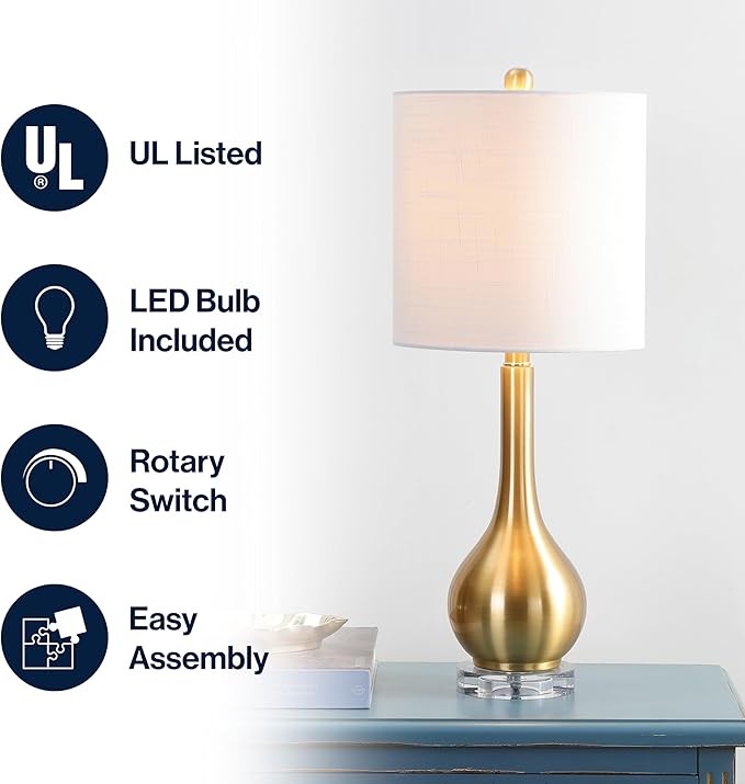 JONATHAN Y 25" Brass Gold Metal and Crystal Teardrop LED Table Lamp for Bedroom Living Room Bedside Nightstand, White Linen Drum Shade, LED Bulb Included JYL5010A