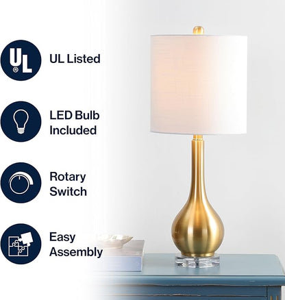 JONATHAN Y 25" Brass Gold Metal and Crystal Teardrop LED Table Lamp for Bedroom Living Room Bedside Nightstand, White Linen Drum Shade, LED Bulb Included JYL5010A
