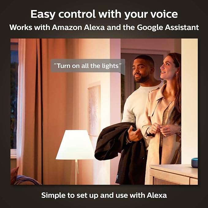 Philips Hue Smart LED A19 Bulb, Warm White Light 2700K, E26 Base, 9W, 810 Lumens, Dimmable, Works with Alexa, Google Assistant, and Apple Home, 2pk