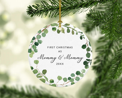 Andaz Press Custom Year Round Ceramic Porcelain Christmas Tree Ornament Keepsake Collectible Gift, First Christmas as Mommy & Mommy 2025, Farmhouse Eucalyptus Wreath, 1-PackLesbian Couple
