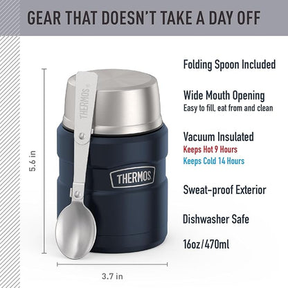 THERMOS Stainless King Vacuum-Insulated Food Jar with Spoon, 16 Ounce, Midnight Blue