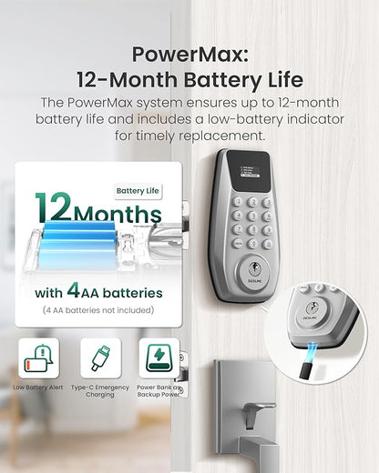 DESLOC C100 Keyless Entry Door Lock with Handle Set, Smart Deadbolt Lock for Front Door with 2 Keys, Auto Lock, 100 PIN Codes, Passage Mode, IP54 Waterproof, 12 Months Battery, Sliver