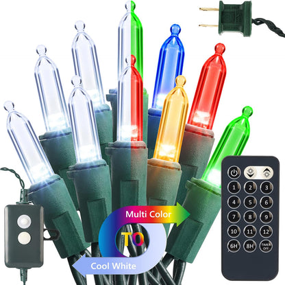 Brizled Christmas Lights, 33ft 100 LED Color Changing Christmas Tree Lights Connectable with Remote, 12 Modes Cool White & Colored Xmas Lighting, Clear Mini Xmas Lighting for Indoor Outdoor Home Decor