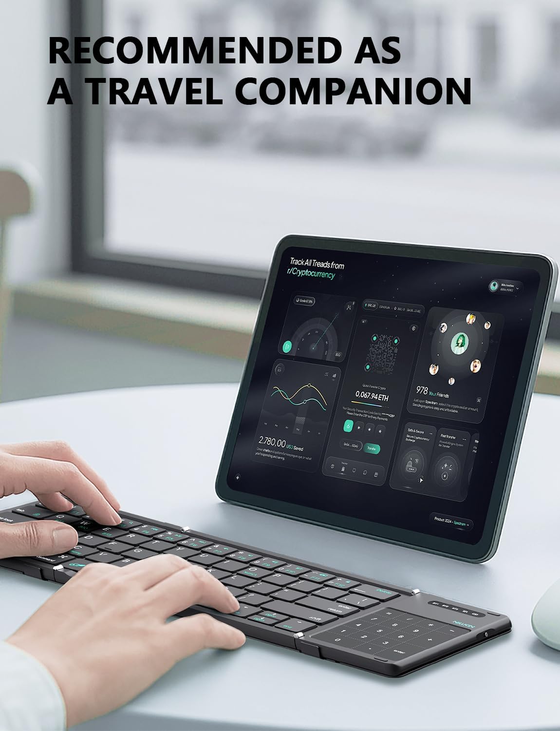 Nillkin Foldable Keyboard with Touchpad, Bluetooth Keyboard with Number Pad, Full Size Keys, Large Trackpad Small Travel Portable Keyboards for iPad Laptop PC Tablets - Green