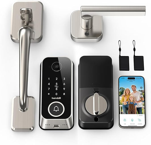 Smart Front Door Lock Sets: 2K HD Camera Lock with Doorbell Kits, Hornbill Fingerprint Keyless Entry Door Lock with Handles, WiFi Deadbolt(only 2.4G) for Remote Control, APP/Alexa/PIR,Satin Nickel