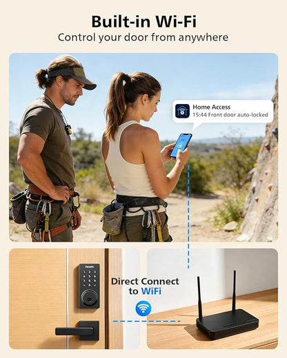 Philips WiFi Smart Door Lock with Handle, Built-in WiFi App Remote Control, Keyless Entry Door Locks for Front Door, Smart Deadbolt Auto Lock, Support Alexa & Google, IP54 Waterproof, Matte Black