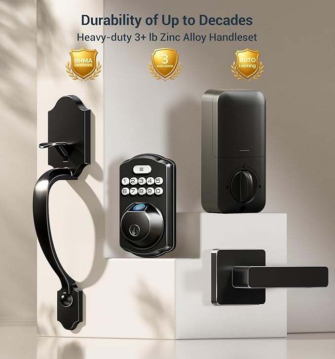 Veise Fingerprint Door Lock Set, Keyless Entry Door Lock, Front Handle Set, Electronic Keypad Deadbolt with Lever Handle, 2 Keys, Auto-Locking, One-time Codes, Easy to Install, Matte Black