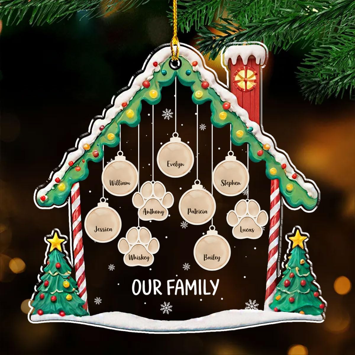 Personalized Family Christmas Acrylic Ornament 2024 - Custom Name Charms Family Members up to 10 People and Pets, Paw Charm Ornament Gifts for Family Tree Decoration (A02, 6 Names)