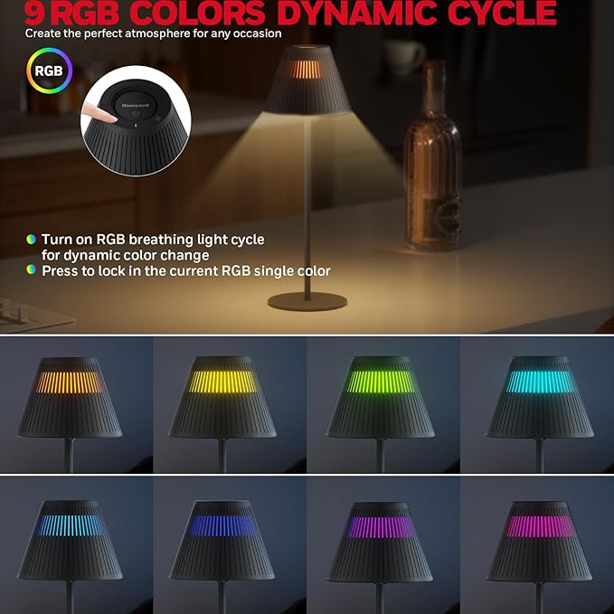 Honeywell 2Pack Cordless Table Lamp Rechargeable - M1 Sunturalux Portable LED Desk Lamp 5200mAh Battery Operated 4Color 9RGB Dimmable Bedside Lamps for Home Living Bedroom Restaurant Night Light