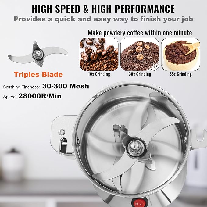 VEVOR 750g Electric Grain Mill Grinder, High Speed 2000W Commercial Spice Grinders, Stainless Steel Pulverizer Powder Machine, for Dry Grains Spices Cereals Coffee Corn Pepper, Straight Type