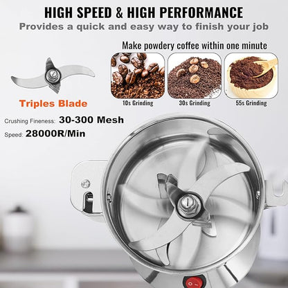 VEVOR 750g Electric Grain Mill Grinder, High Speed 2000W Commercial Spice Grinders, Stainless Steel Pulverizer Powder Machine, for Dry Grains Spices Cereals Coffee Corn Pepper, Straight Type