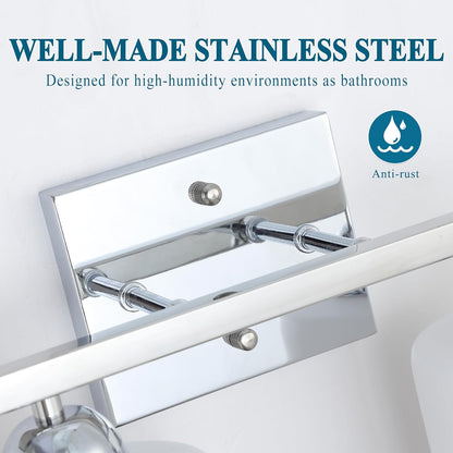 Stainless Steel Milk Glass Vanity Lights for Bathroom, 2 Light Chrome Bathroom Light Fixtures Over Mirror, Ceramic E26 Sockets Wall Mounted